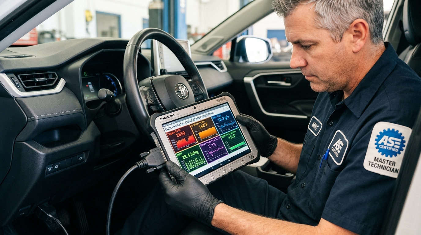 Master technician scanning engine diagnostics with tablet in vehicle cockpit