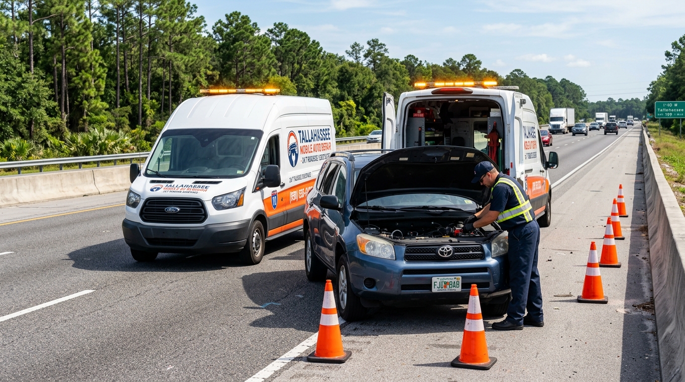 Mobile mechanic rescuing SUV on Interstate 10 shoulder in Tallahassee FL